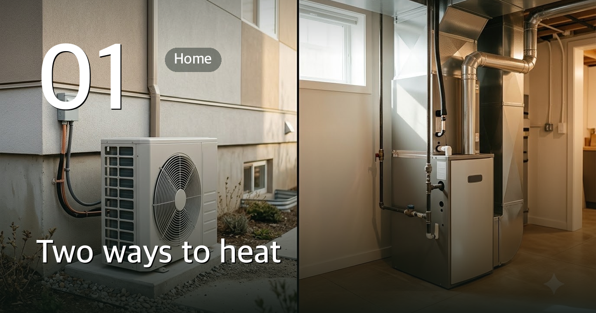 Outdoor heat pump unit next to a gas furnace in a basement